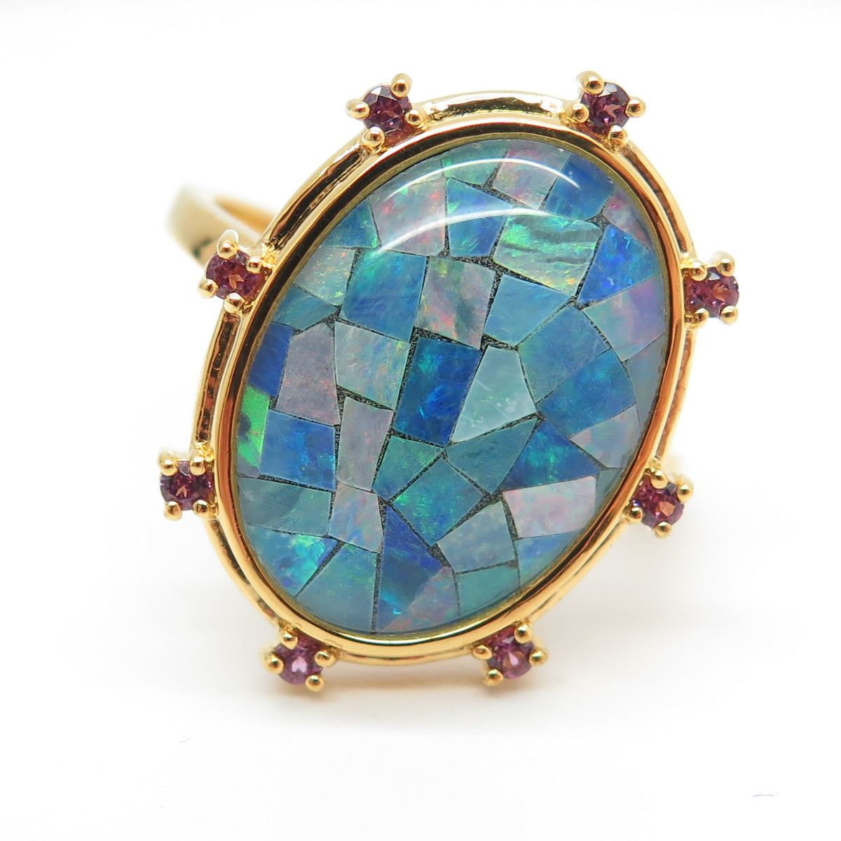 925 Sterling Silver Gold Plated Real Opal Inlay & Amethyst Ring Size 9.75