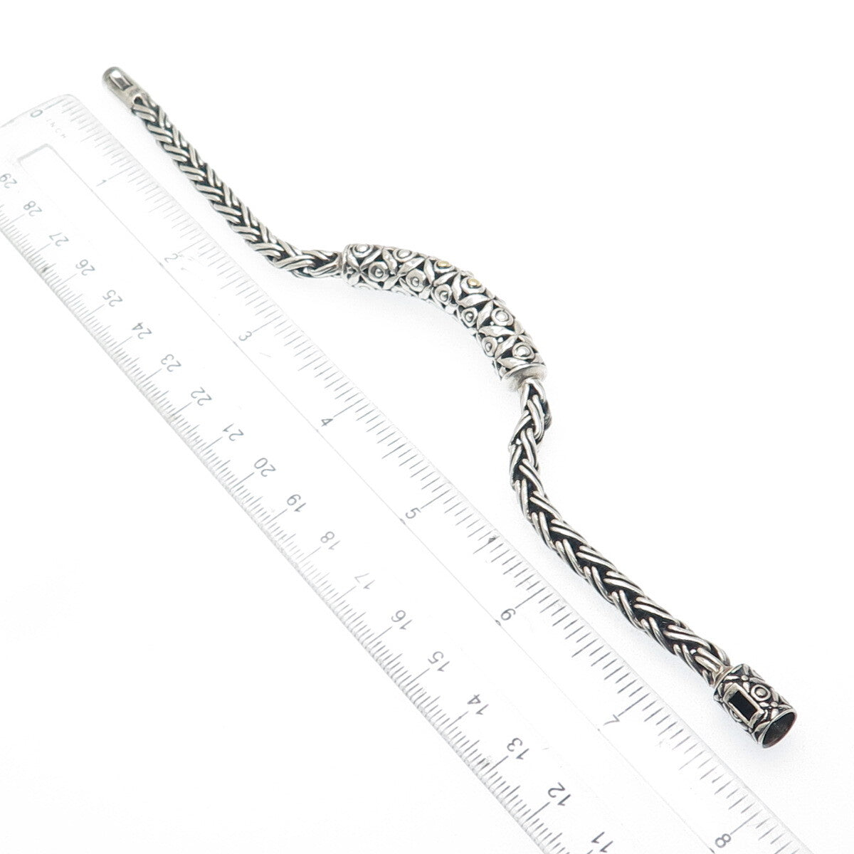 925 Sterling Silver & 18K Gold Vintage Ornate ID Bar Wheat Link Bracelet 7.5"