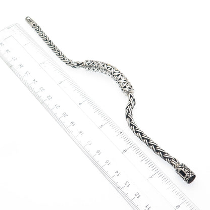 925 Sterling Silver & 18K Gold Vintage Ornate ID Bar Wheat Link Bracelet 7.5"