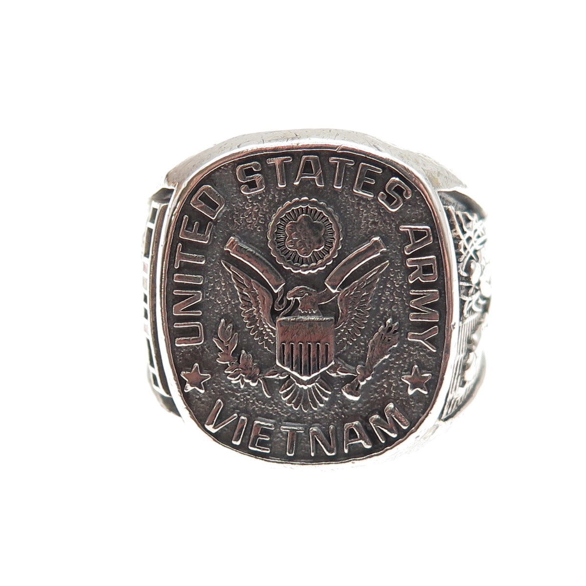 925 Sterling Silver Vintage Enamel US Army Vietnam Oxidized Ring Size 10