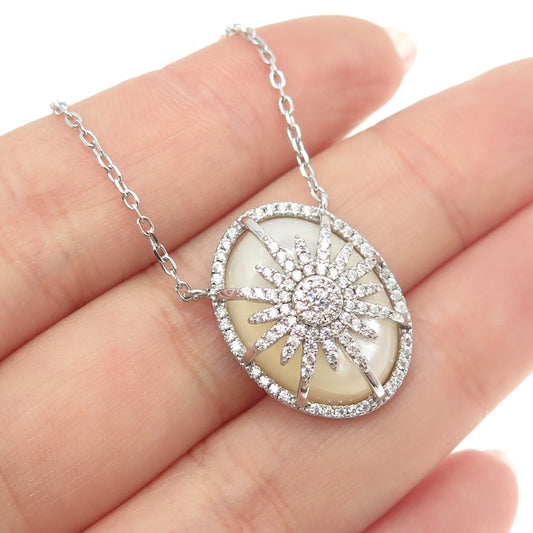 925 Sterling Silver Real MOP & Round-Cut C Z Floral Cable Chain Necklace 16-18"