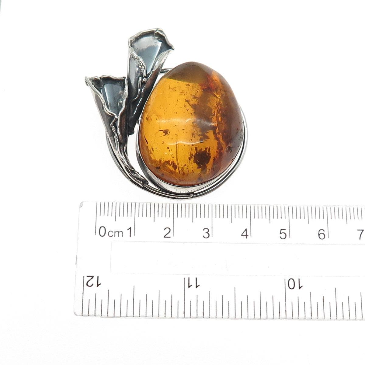800 Silver Vintage Poland Real Amber Modernist Calla Lily Oxidized Pin Brooch