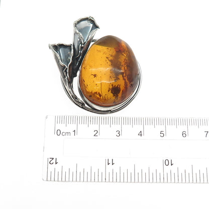 800 Silver Vintage Poland Real Amber Modernist Calla Lily Oxidized Pin Brooch
