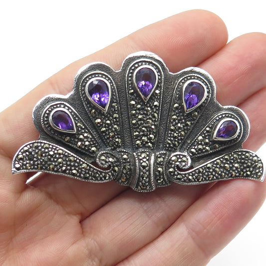 CI 925 Sterling Silver Vintage Amethyst & Marcasite Gem Fan Oxidized Pin Brooch