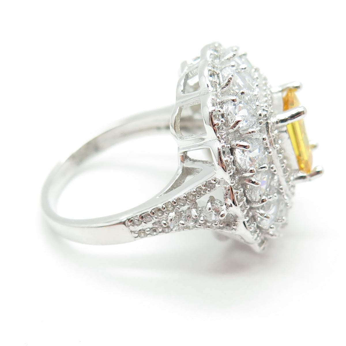 925 Sterling Silver Nano Citrine & Multi-Cut C Z Ring Size 8