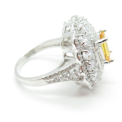 925 Sterling Silver Nano Citrine & Multi-Cut C Z Ring Size 8