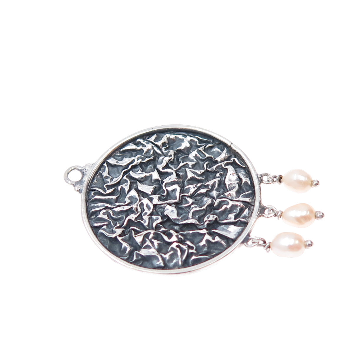 925 Sterling Silver Vintage Real Pearl Modernist Oxidized Charm Pendant