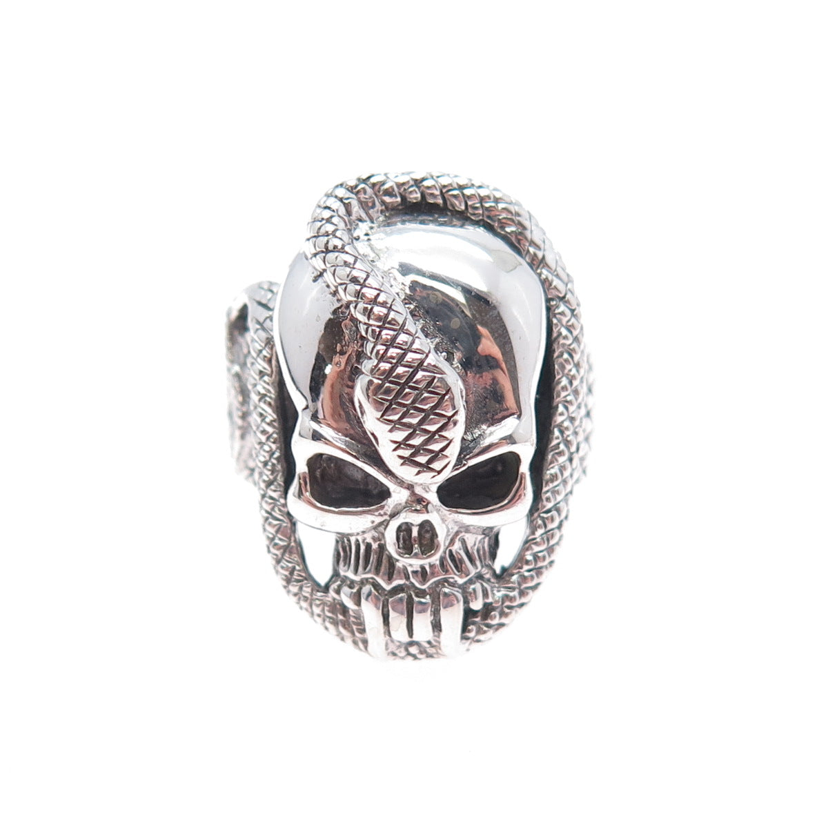 925 Sterling Silver Vintage Skull & Snake Oxidized Biker Ring Size 8.75