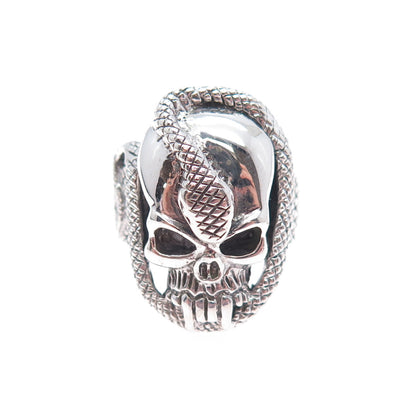 925 Sterling Silver Vintage Skull & Snake Oxidized Biker Ring Size 8.75