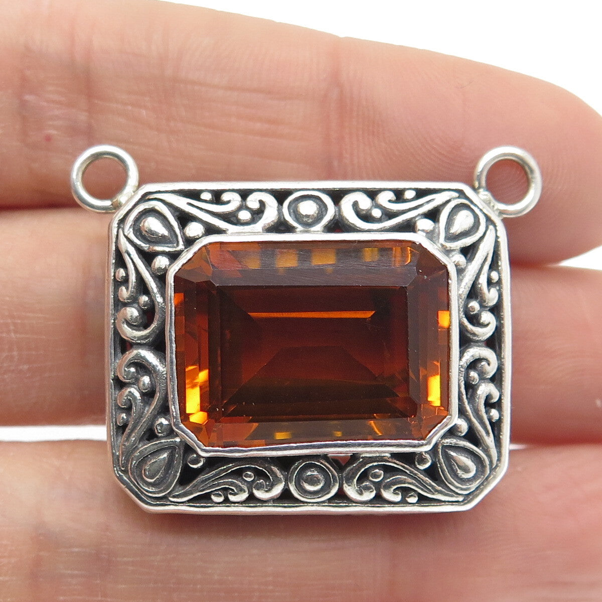 925 Sterling Silver Vintage Real Emerald-Cut Citrine Ornate Centerpiece Pendant
