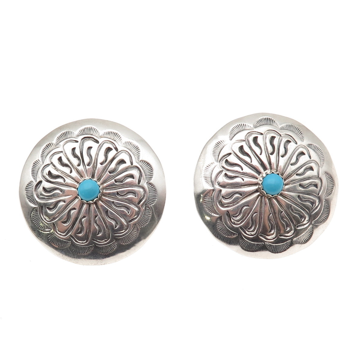 Old Pawn 925 Sterling Silver Vintage Turquoise Snake Eye Concho Tribal Earrings