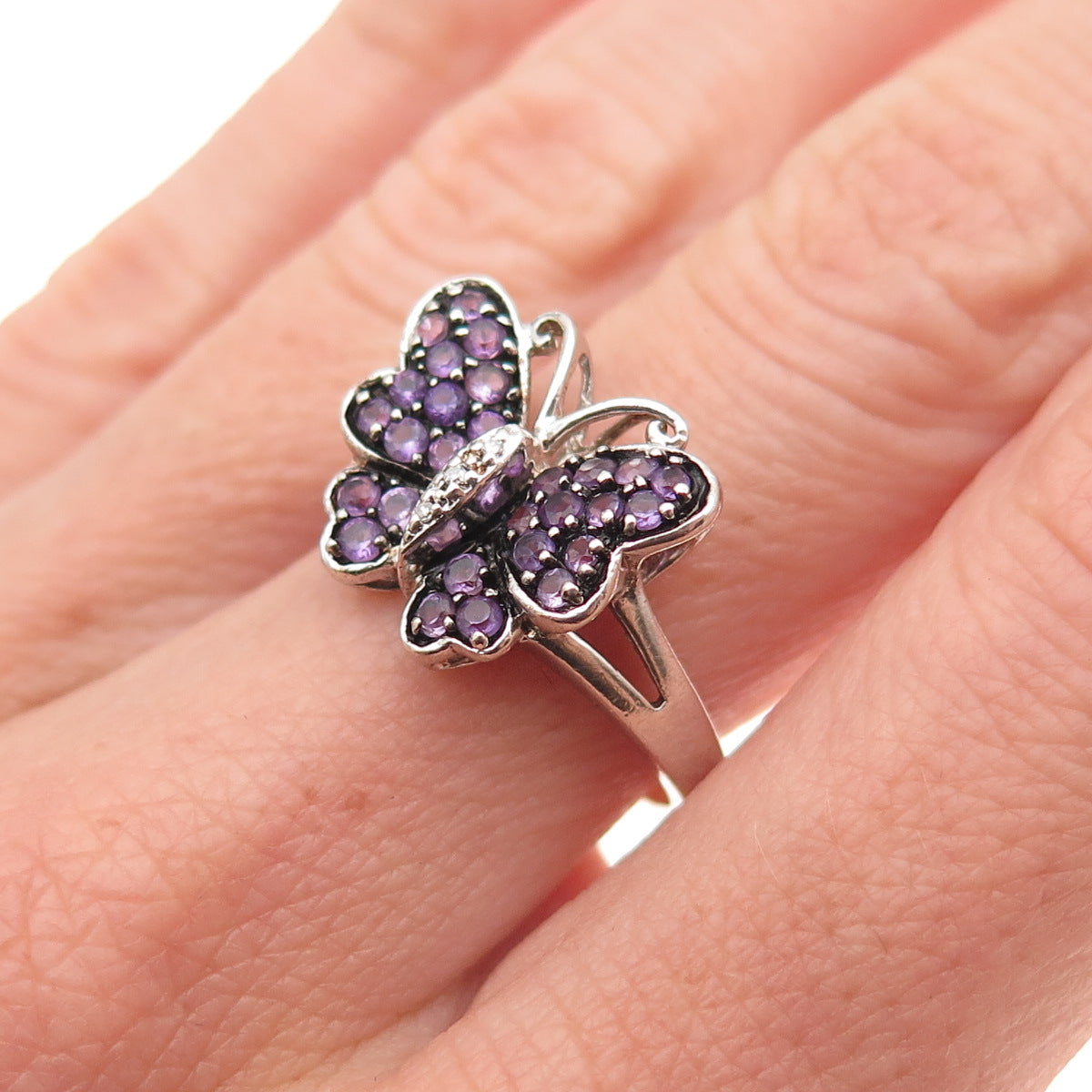 Jane Seymour 925 Sterling Silver Real Diamond Amethyst Butterfly Ring Size 6.75