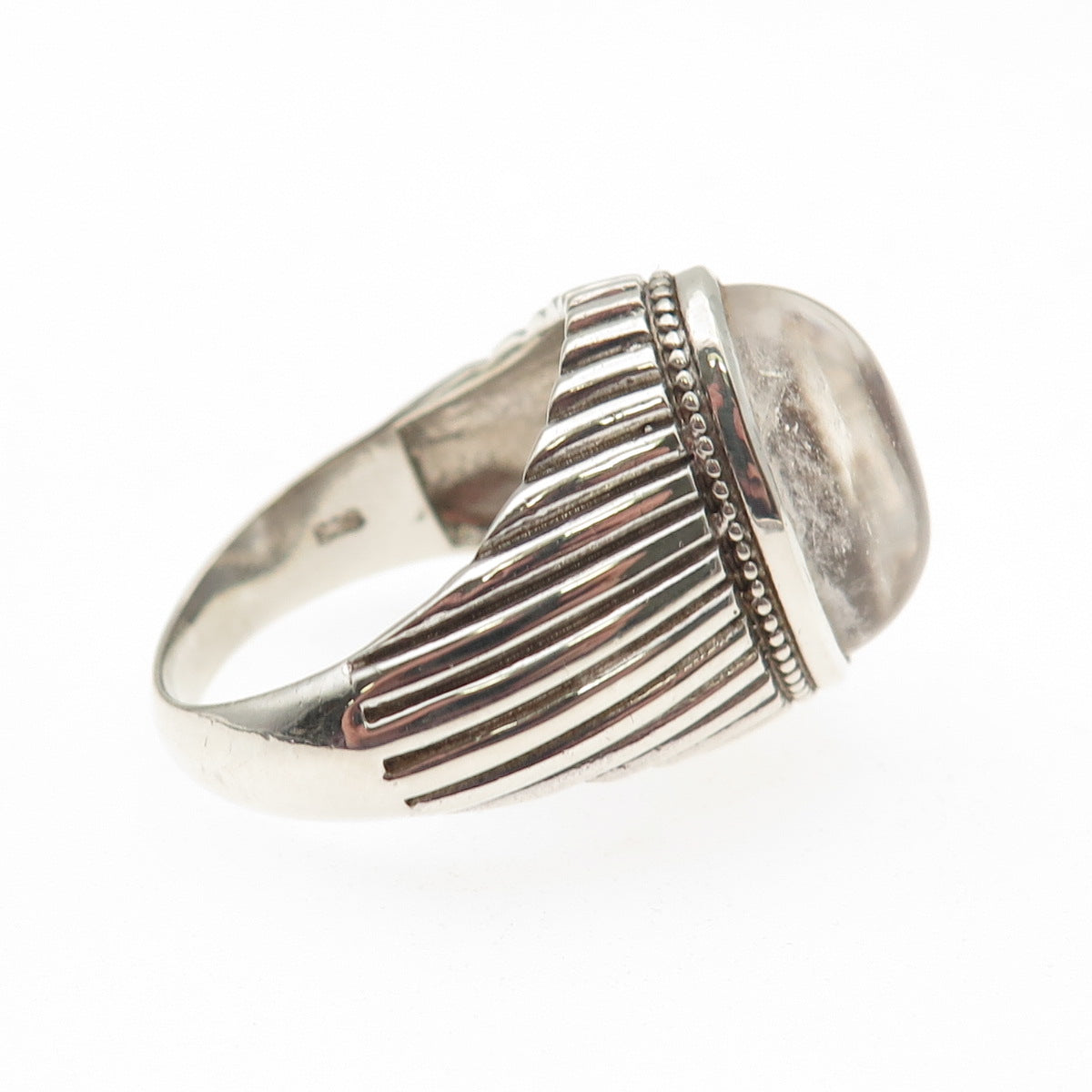 925 Sterling Silver Vintage Real Clear Quartz Modernist Oxidized Ring Size 9.75