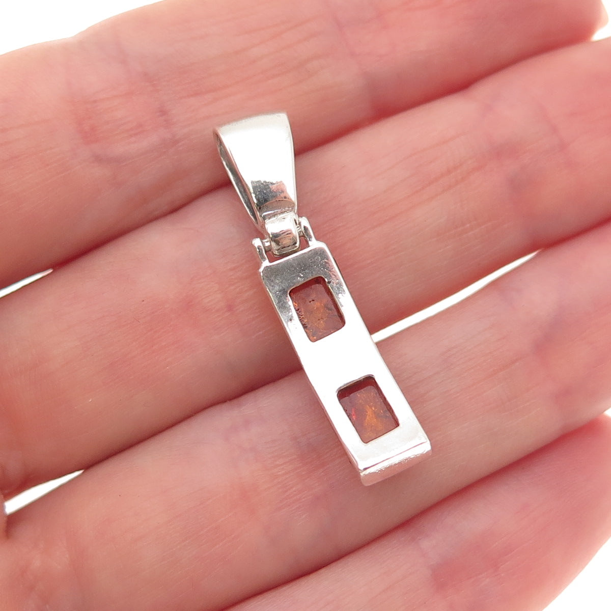 925 Sterling Silver Vintage Real Amber Bar Charm Pendant