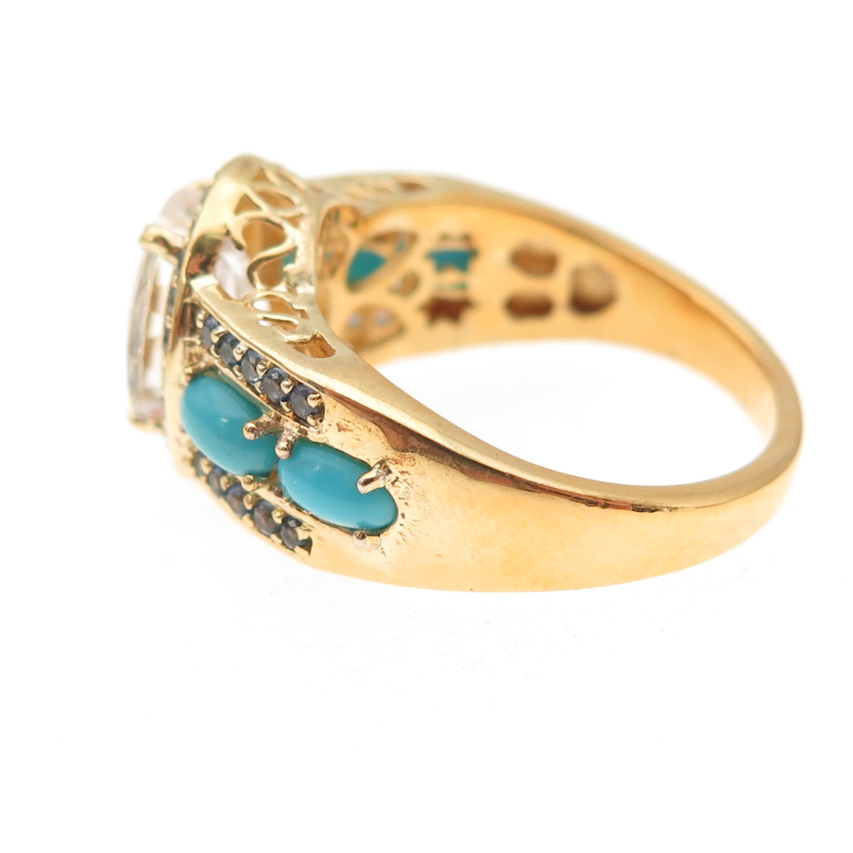 925 Sterling Silver Gold Plated Real Morganite Turquoise Sapphire Ring Size 8.25