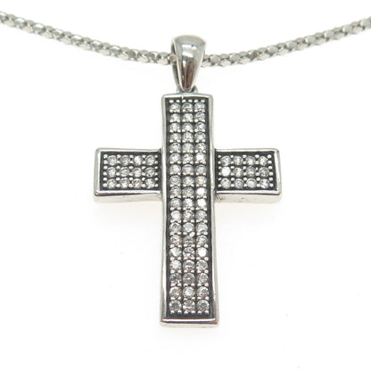 925 Sterling Silver Italy Pave C Z Cross Pendant Popcorn Chain Necklace 16"