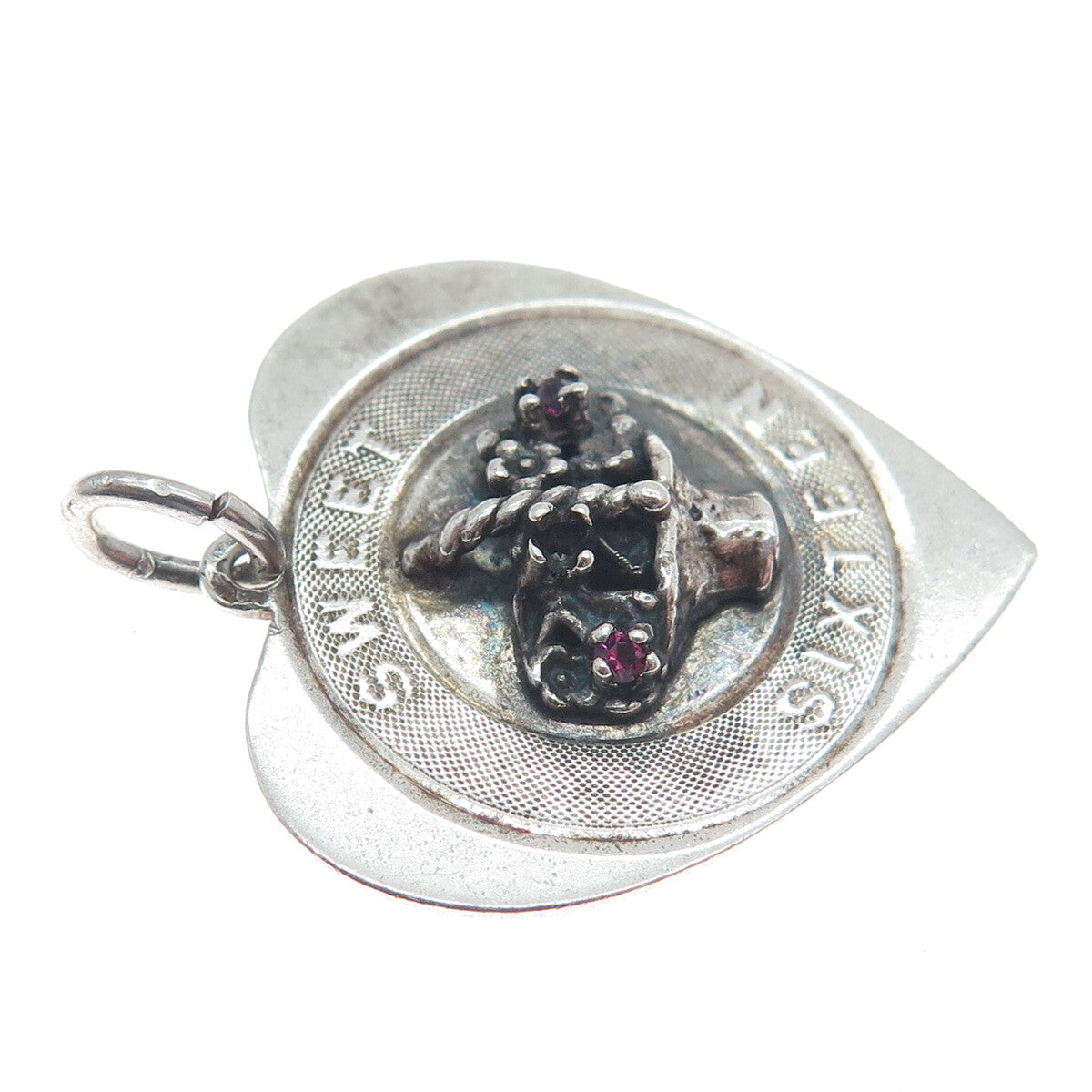925 Sterling Silver Vintage Rhinestone Sweet Sixteen Heart Charm Pendant