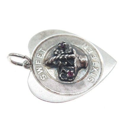 925 Sterling Silver Vintage Rhinestone Sweet Sixteen Heart Charm Pendant