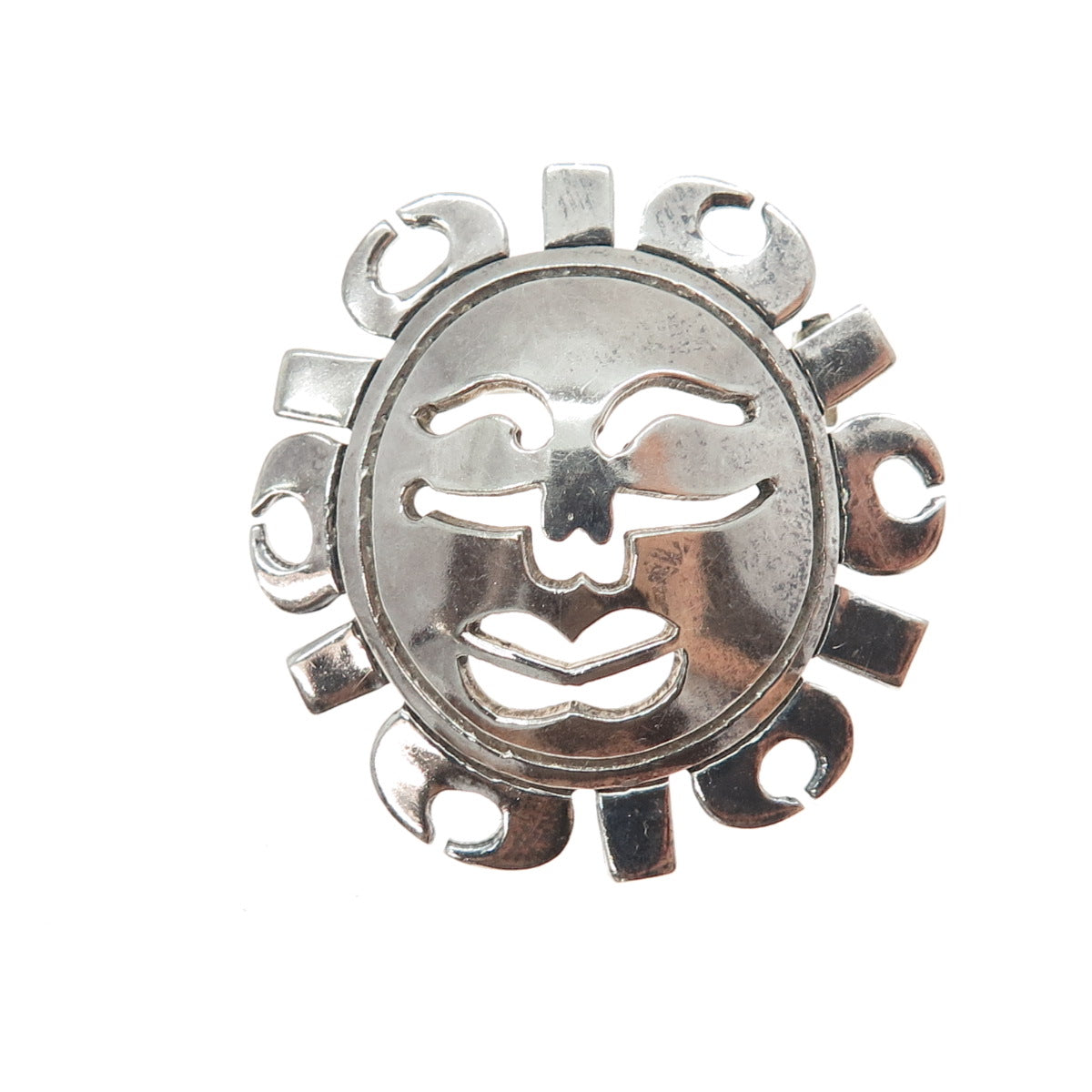 925 Sterling Silver Vintage Mexico Sun Face Modernist Oxidized Pin Brooch