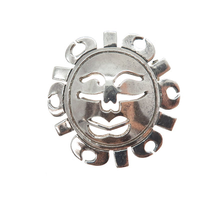 925 Sterling Silver Vintage Mexico Sun Face Modernist Oxidized Pin Brooch