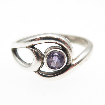 925 Sterling Silver Vintage Real Amethyst Modernist Swirl Ring Size 6.75