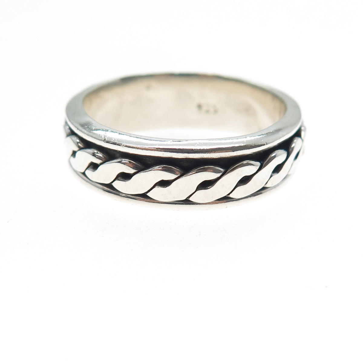 925 Sterling Silver Vintage Woven Oxidized Rotating Band Ring Size 13.25