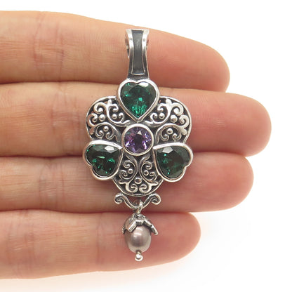 NK SILVER 925 Sterling Vintage Real Amethyst Chrome Diopside Pearl Heart Pendant