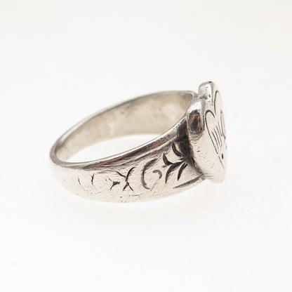925 Sterling Silver Antique Art Deco Heart Oxidized Signet Ring Size 6.75