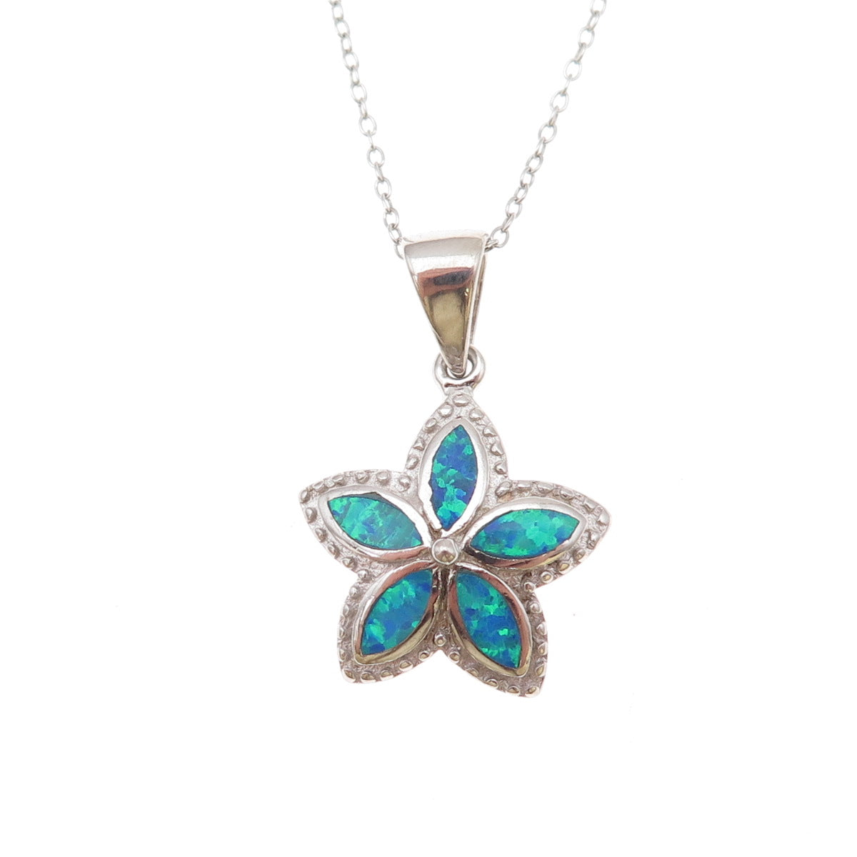925 Sterling Silver Real Opal Floral Cable Chain Necklace 18"