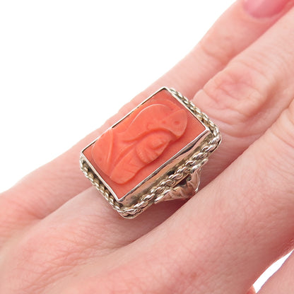 925 Sterling Silver Gold Plated Antique Art Deco Coral Warrior Cameo Ring Size 5