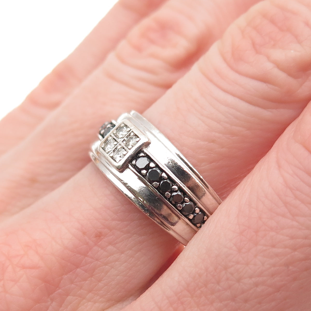 FD Felicia Design 925 Sterling Silver Real Black & White Diamond Ring Size 9.75