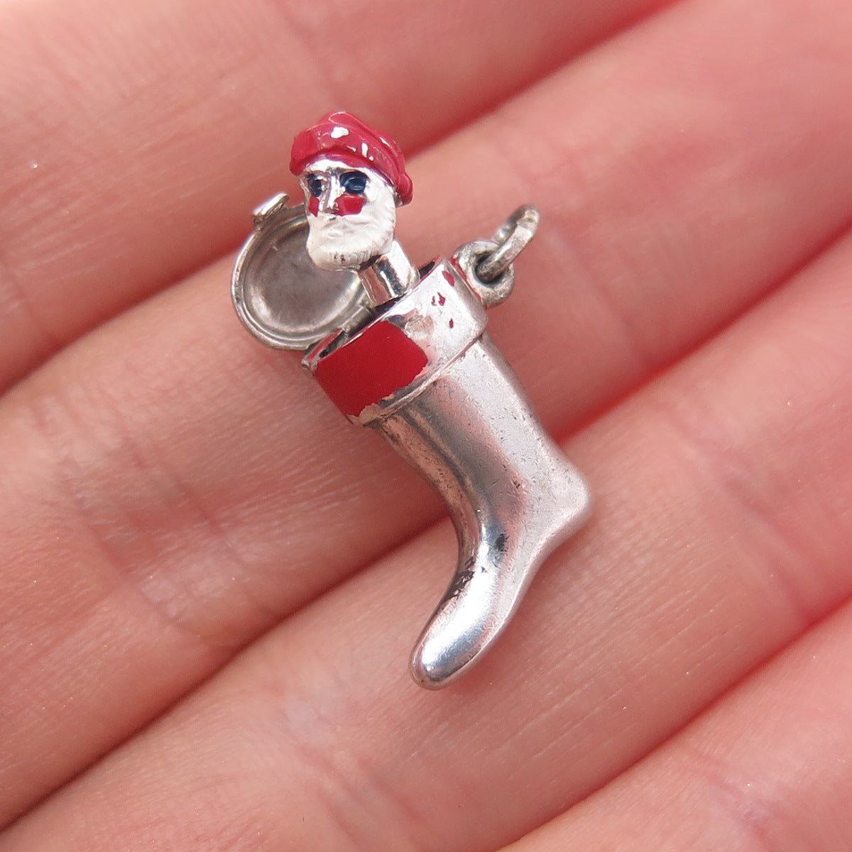 J.M. Fisher 925 Sterling Silver Antique Art Deco Enamel Santa Stocking Pendant