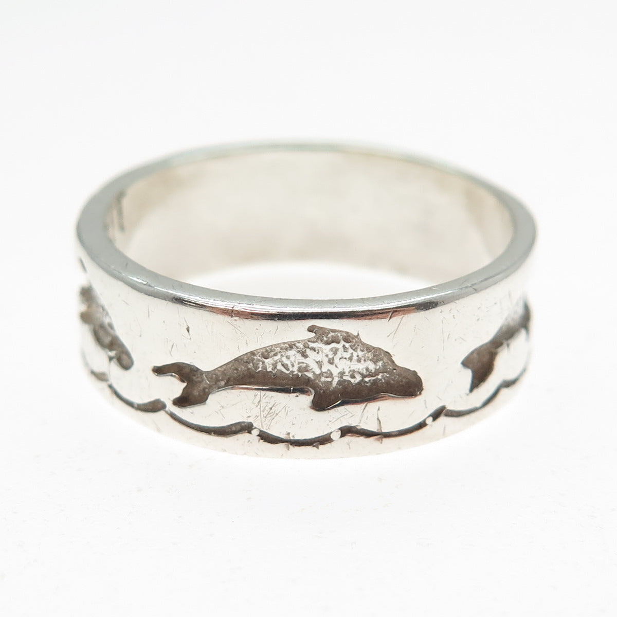 TED OTT Old Pawn Sterling Silver Vintage Dolphin Oxidized Band Ring Size 10.75