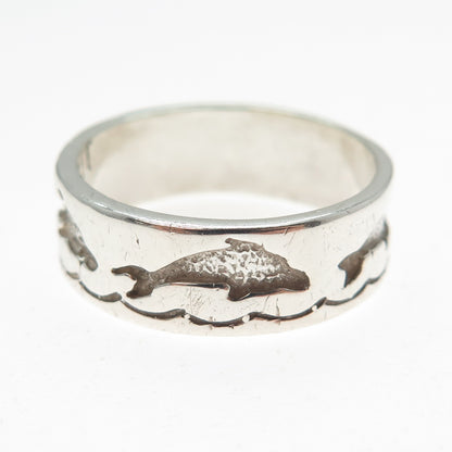 TED OTT Old Pawn Sterling Silver Vintage Dolphin Oxidized Band Ring Size 10.75