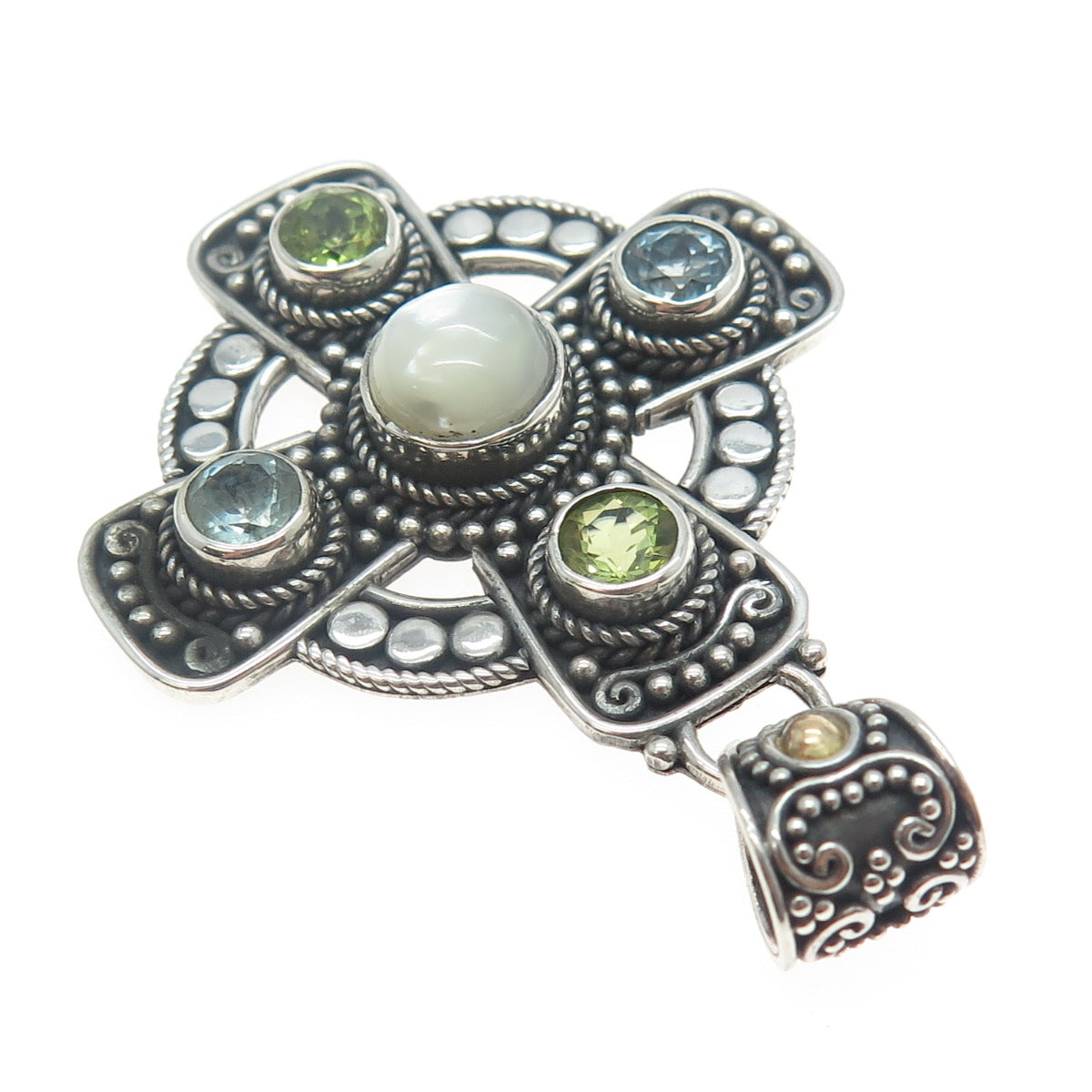 925 Sterling Silver & 18K Gold Vintage Real MOP Blue Topaz Peridot Cross Pendant