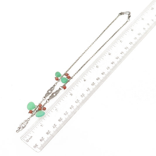 925 Sterling Silver Vintage Real Chalcedony Coral Floral Rolo Chain Necklace 16"
