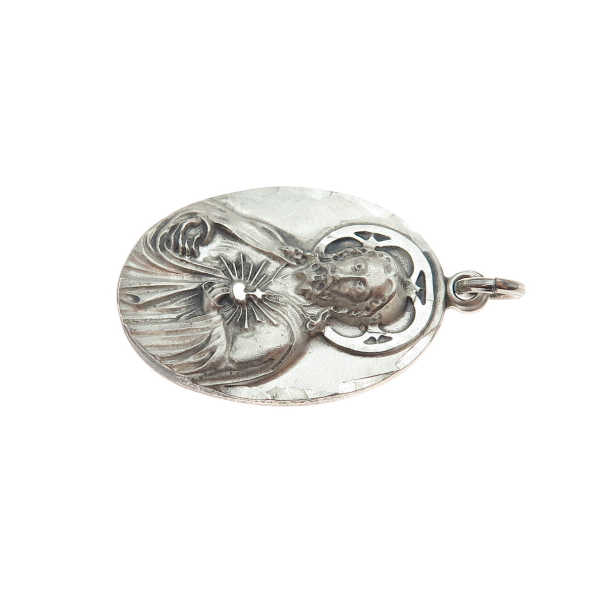 925 Sterling Silver Antique Art Deco Jesus Sacred Heart Medal Charm Pendant