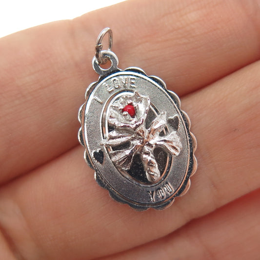 ELCO 925 Sterling Silver Vintage Real Coral I Love You Flower Charm Pendant