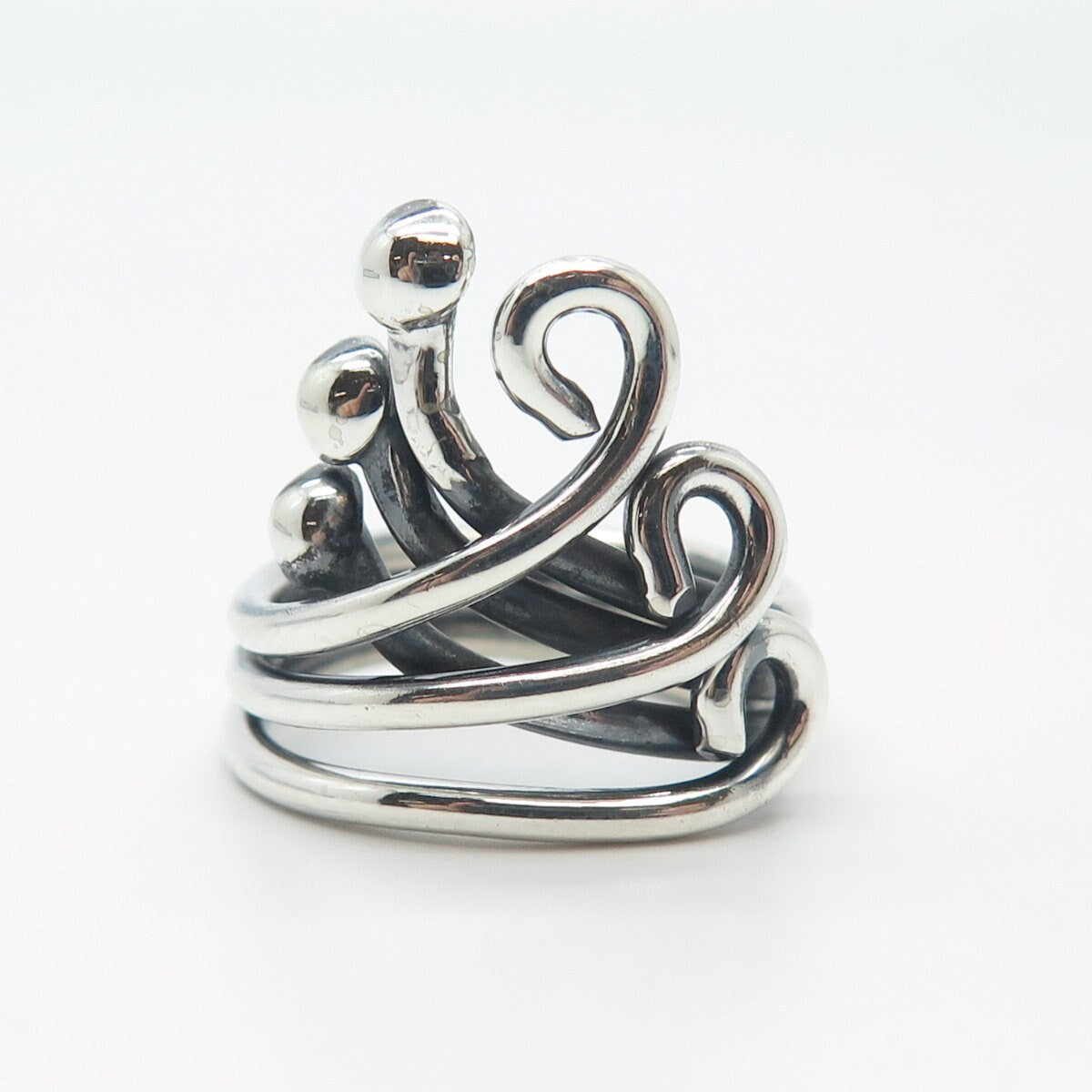 925 Sterling Silver Vintage Three-Row Swirl & Beaded Ring Size 6.5