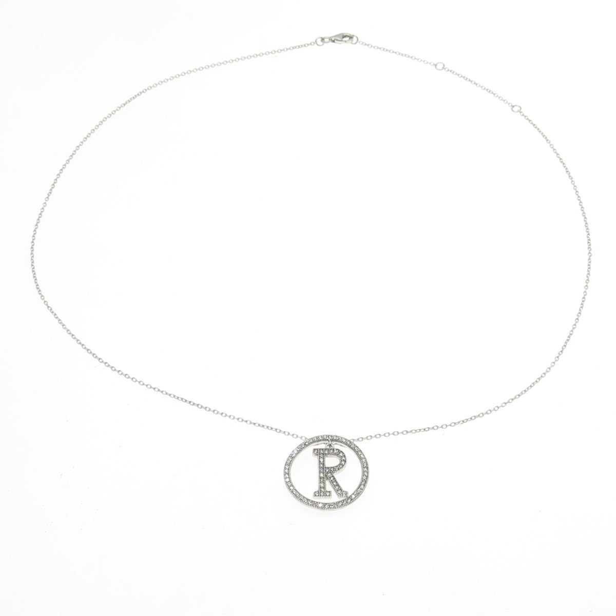 925 Sterling Silver Pave C Z Letter "R" Initial Rolo Chain Necklace 18"