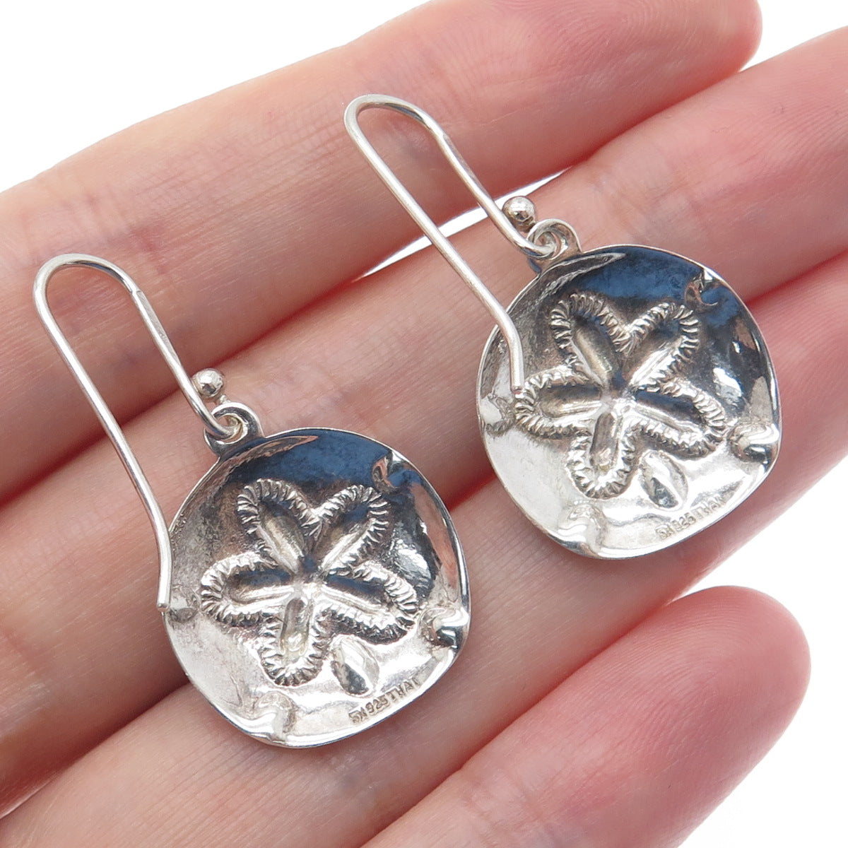 SX SALLY C 925 Sterling Silver Vintage Sand Dollar Oxidized Dangle Earrings