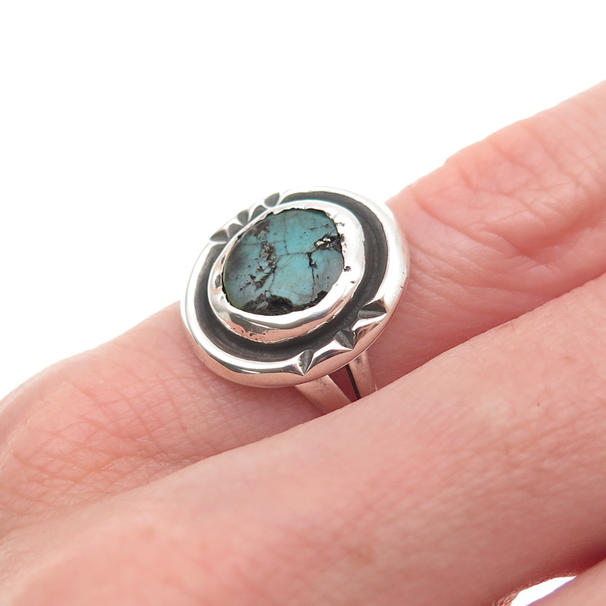 Old Pawn Sterling Silver Vintage Southwestern Turquoise Tribal Ring Size 3.75
