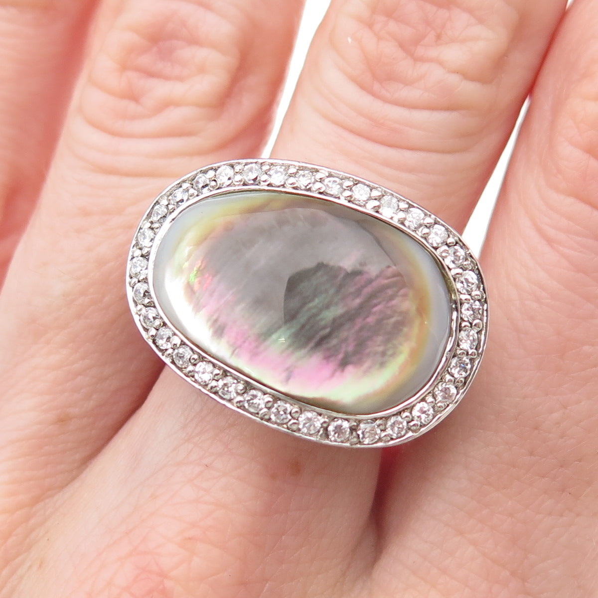 925 Sterling Silver Real Abalone Shell & C Z Modernist Ring Size 8