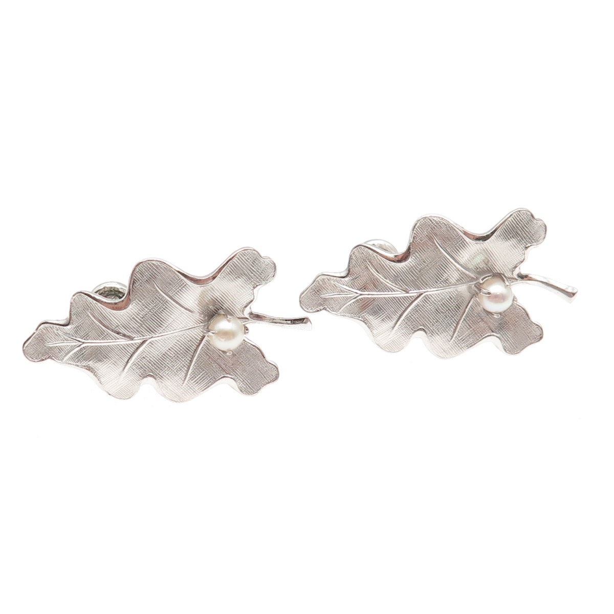 Carl Art 925 Sterling Antique Art Deco Real Pearl Oak Leaf Screw Back Earrings