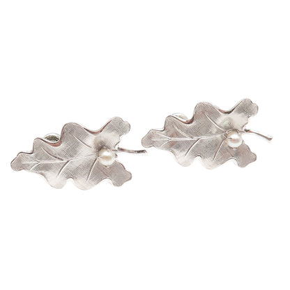 Carl Art 925 Sterling Antique Art Deco Real Pearl Oak Leaf Screw Back Earrings