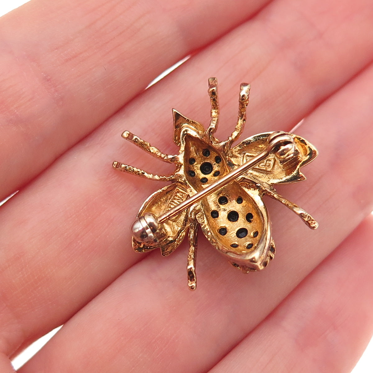 925 Sterling Silver Gold Plated Vintage Real Sapphire Fly Pin Brooch