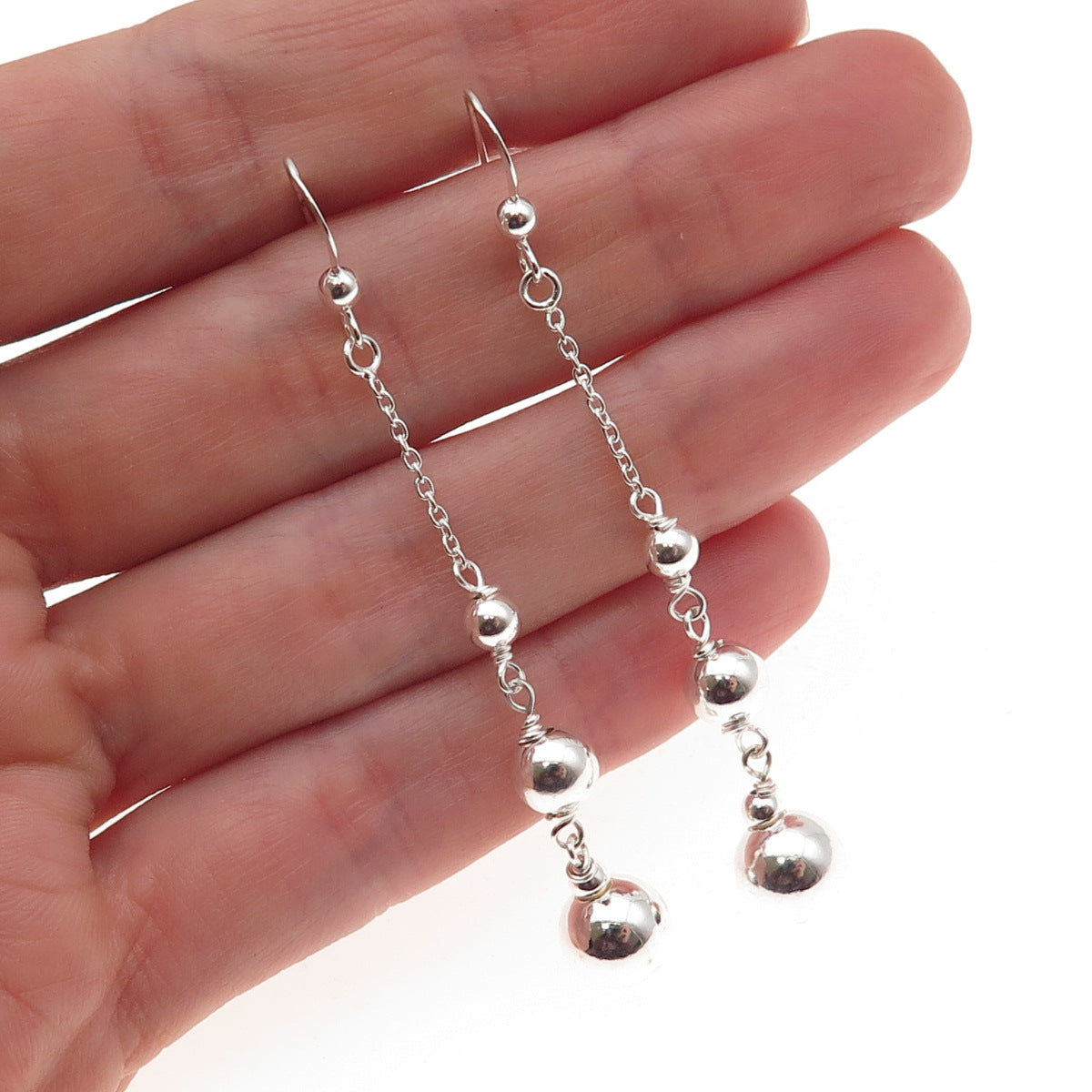 925 Sterling Silver Vintage Graduated Ball Beaded Chain Drop Dangle Earrings