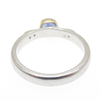 925 Sterling Silver 2-Tone Real Round-Cut Diamond & Iolite Ring Size 8