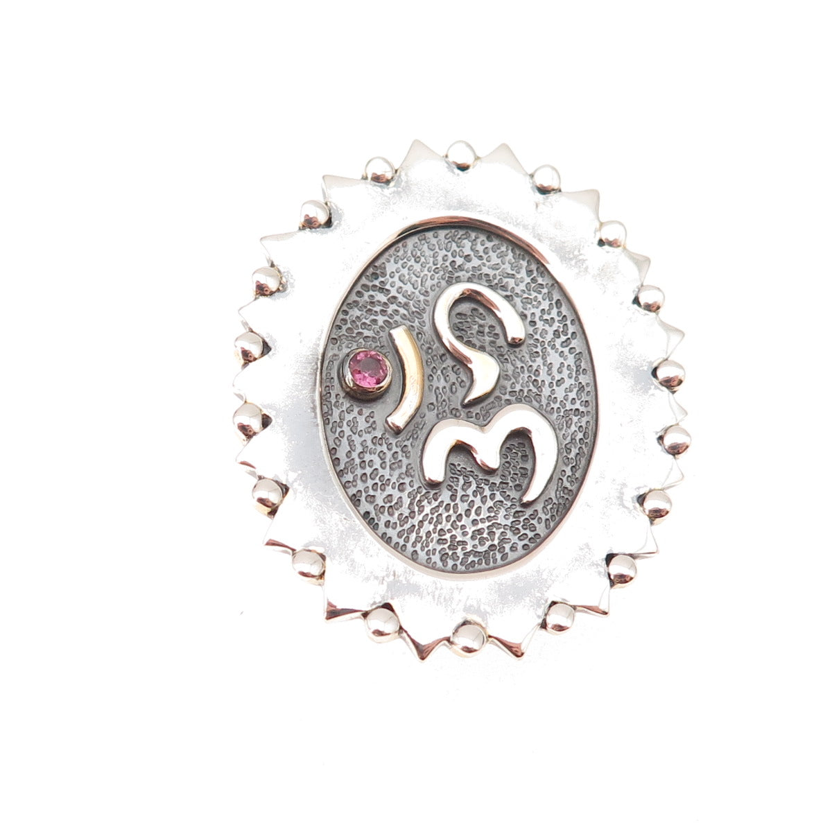 925 Sterling Silver Vintage Real Pink Tourmaline Om Mantra Slide Pendant