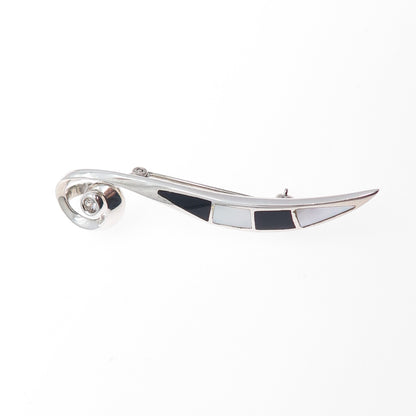 925 Sterling Silver Vintage Real Black Onyx White Topaz MOP Pin Brooch / Pendant